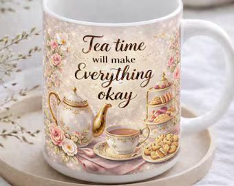 Tea Time Will Make Everything Okay Mug   Floral Teapot & Cookies Design