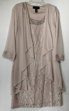 R M Richards Women's 2 Piece Jacket Dress Set 6 Tall Beige Lace Beads Glitter T7