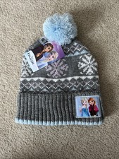 Disney Frozen Princess Anna Elsa Girls' One Size Gray Fair Isle Pom Beanie Hat