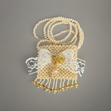 Vintage Ivory Beaded Lace Purse with Gold Heart Accents