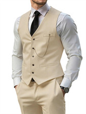 Men 3 Pieces Suit Set V Neck Decor Chain Vest Dress Shirt Slim Fit Pants