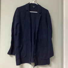 Talbots Women’s Wool Blend Sweater Long Blazer Petite M Preppy Open Front Navy