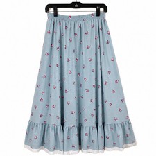 Vintage 70s Prairie Skirt Blue Floral Eyelet Lace Cottagecore Romantic Midi