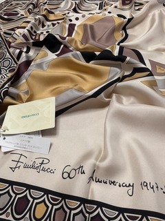 Emilio Pucci Silk Scarf 34in 60th Anniversary Geometric Beige Gold Italy 8