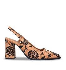 Damen Kork Slingback Pumps bestickt spitz High Heel Blockabsatz Vegane Elegante
