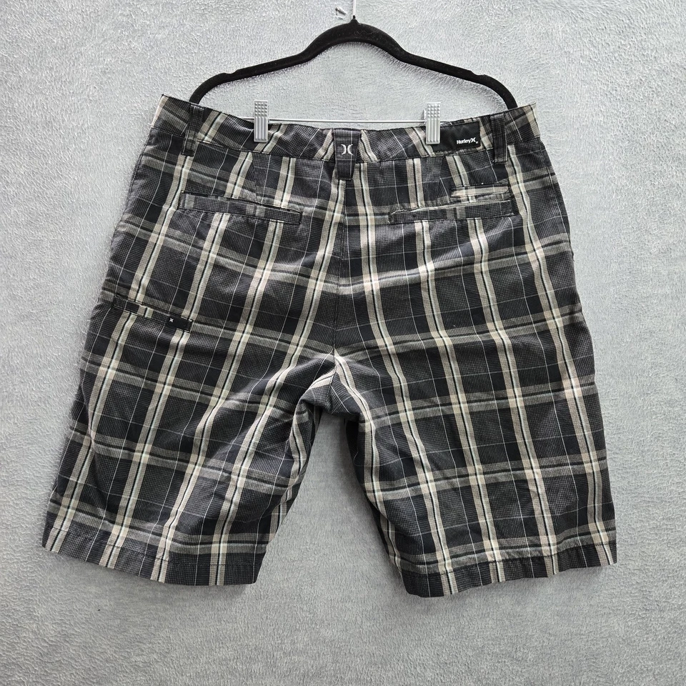 Pantalones Cortos Hurley Hombre 36 Negro Cuadros Chino Botón 10" Entrepierna Y2K Foto 3 de 4