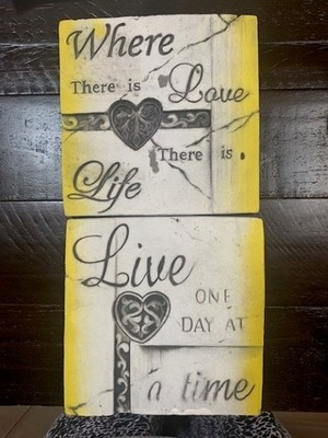 Set of 2 - 6'' Stone Garden Tiles - Live One Day At A Time - Yellow/Gray
