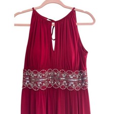 Red Halter Maxi Dress Silver Beaded Sequin Waist Keyhole Formal Gown