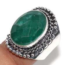 925 Silver Plated Simulated Emerald Ethnic Ring Handmade Jewelry Size US 7.5 GW