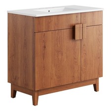 Pemberly Row 36" Wood Bathroom Vanity with Tapered Legs in White/Walnut