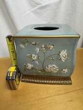 Dillard’s Ceramic Tissue Box Cover Blue Crackle Glaze Floral Hand Painted 6.5” S