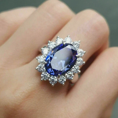 4Ct Oval Tanzanite Halo Cocktail Engagement Ring 14K White Gold Finish