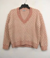 FRNCH Womens Rose Diagonal Stripe Long Sleeve Chenille Knit V-Neck Sweater S/M