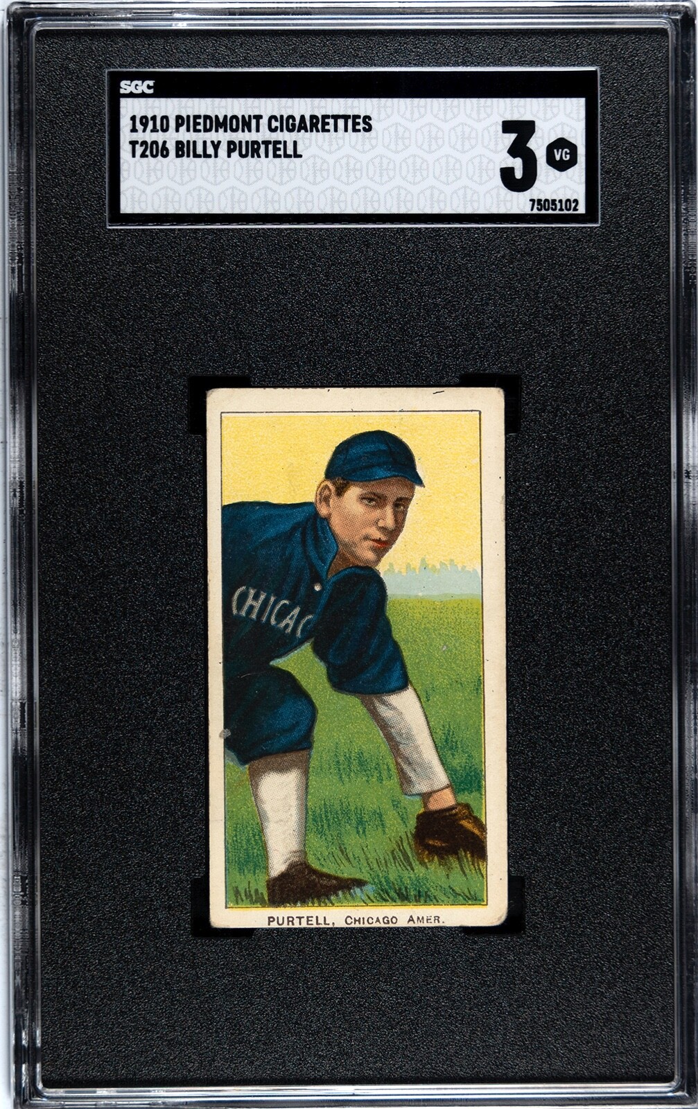 1909-11 T206 White Border Billy Purtell Chicago (AL) Piedmont Back SGC 3 VG NICE