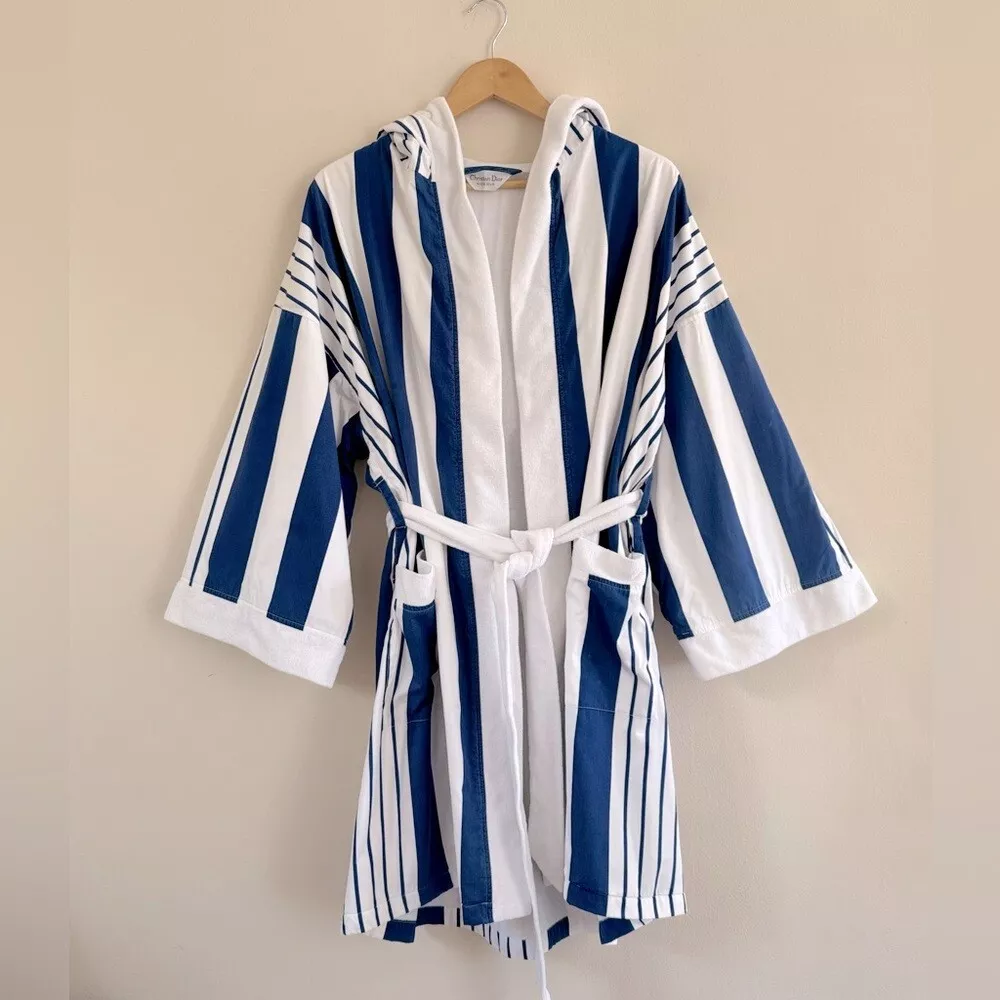 Peignoir spa homme Christian Dior coton bleu rayé à capuche vintage années 1990 O/S