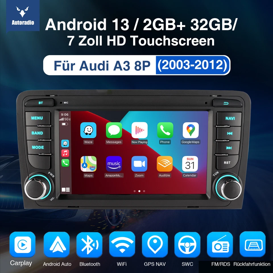 Android 13 Carplay Autoradio 2+32GB GPS RDS +KAM Bluetooth ASP Für AUDI A3 8P S3 - Bild 3 von 4