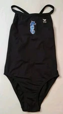 TYR Women's One Piece Racerback Solid Black w/ Dolphin Graphic Swimsuit Sz 28
