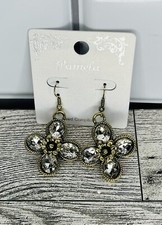 Gold Tone Clear Rhinestone Flower Dangle Earrings