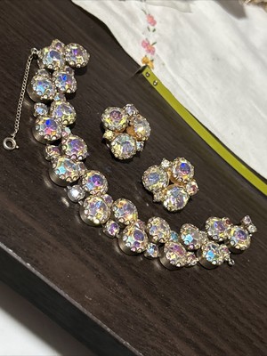 Vintage Designer Set Huge AB Rhinestone Bracelet Clip Earrings Schiaparelli ?