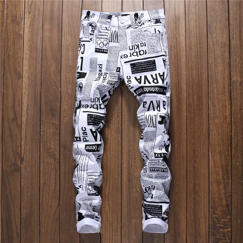 Men s Jeans Newspaper Full Print Clubwear Pants Slim Fit Pants Casual Trousers