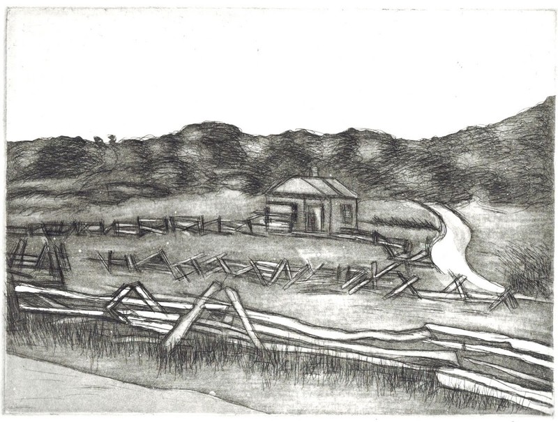 Frontier School House original hand printed copper plate etching