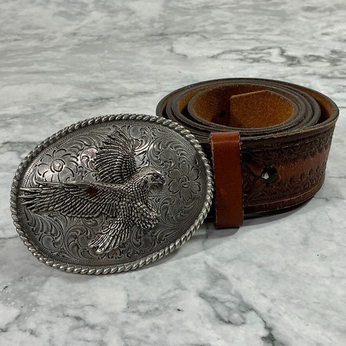 Vintage Argent Aigle Ceinture Boucle Avec 42 " Travaillé Cuir Ceinture - Photo 3 sur 12