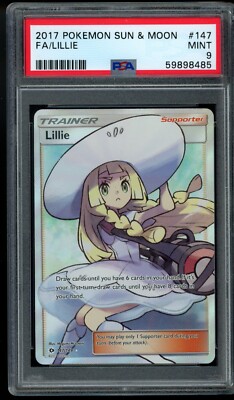 PSA 9 Lillie 147 Full Art Trainer Pokemon Card Sun Moon Base Mint