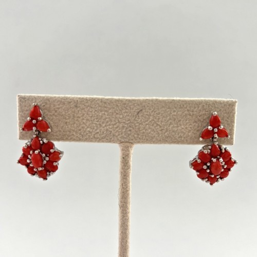 Vtg Sterling Silver Mediterranean Coral Drop Dangle Earrings Dainty Feminine