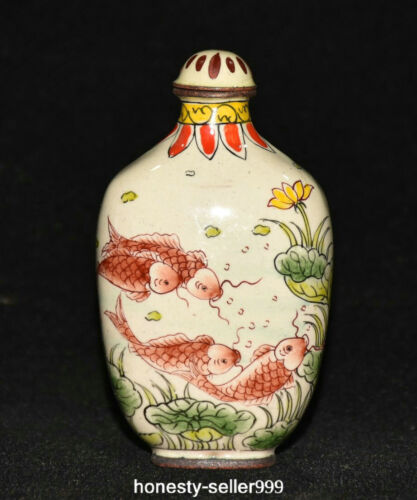 3.1" Old Qianlong Year Cloisonne Enamel Bronze Lotus Fish Pattern Snuff Bottle - Picture 1 of 9