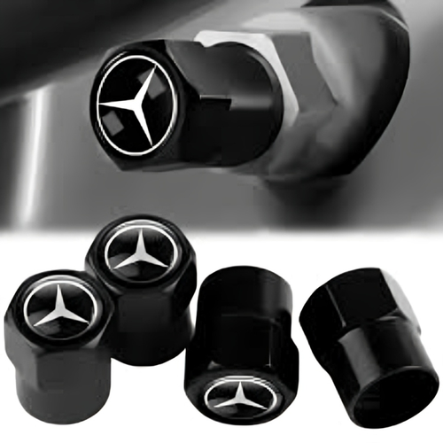 Mercedes Benz Tyre Valve Stem Dust Caps Cover Black Silver Metal AMG A ...