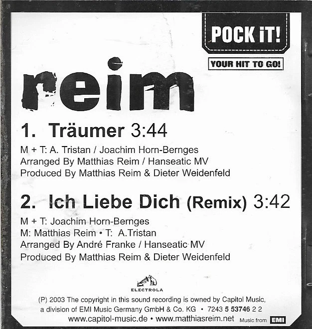Matthias Reim - Träumer | CD | Pock It! | Single | EMI | 2003 - Bild 2 von 2