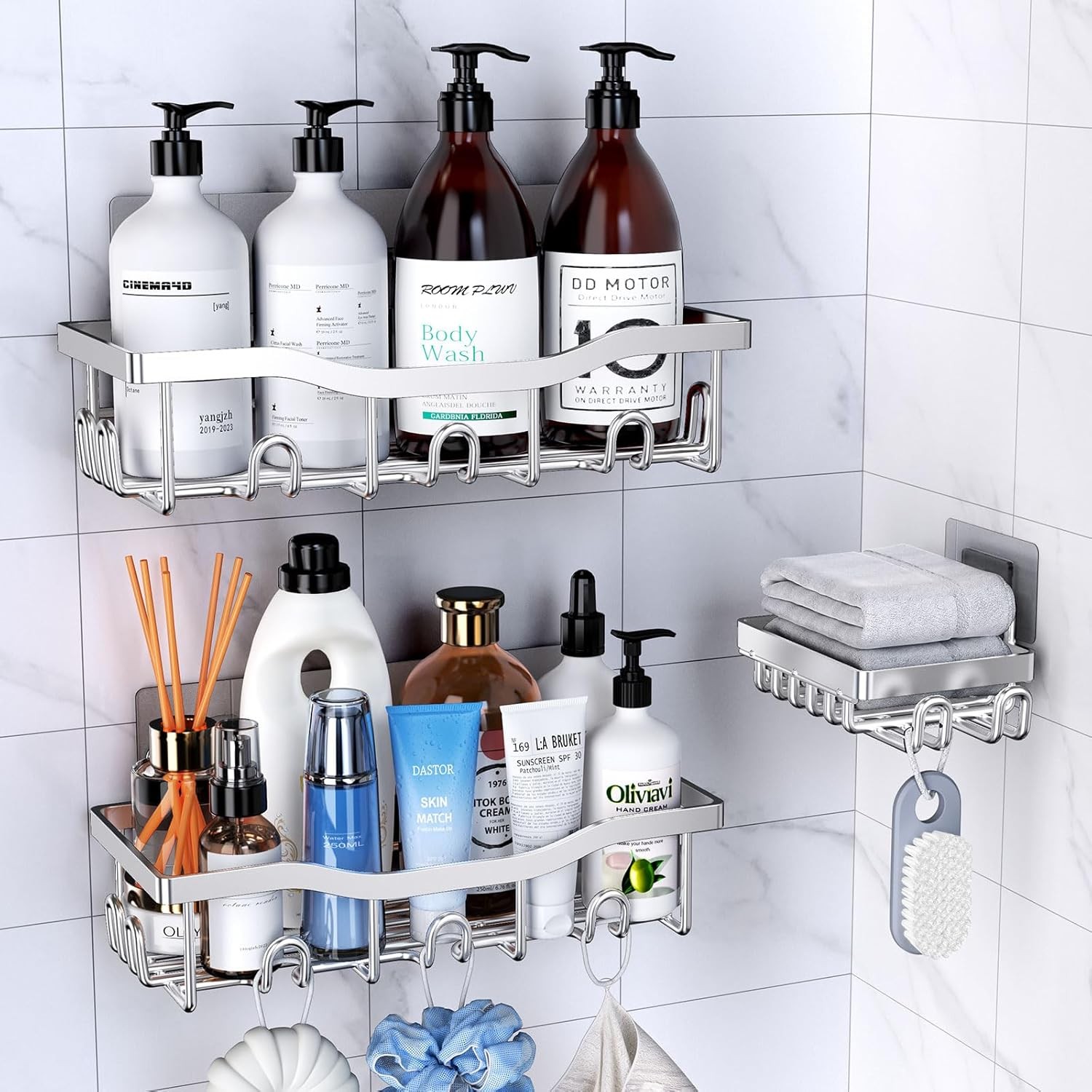 Stainless Steel Shower Caddy 3 Pack, No Drill Wall Mounted Bathroom Shelf
