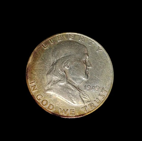 1949 D Franklin Half Dollar Silver Toned Nicely  Slight Rainbow toning on rim...