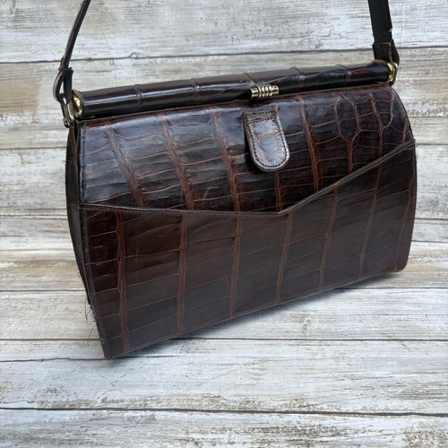 Sac à main vintage croco années 50 60 marron structuré encadré rétro MCM art déco - Photo 2/16