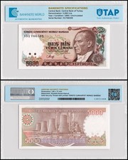 Turkey 5000 Lira, L.1970 (1990 ND), P-198, UNC, Authenticated