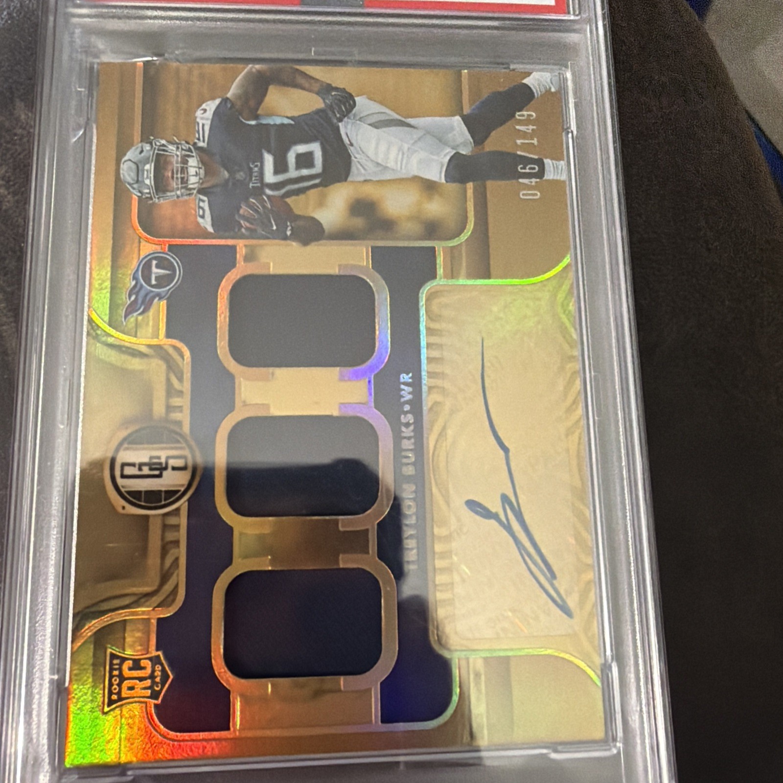 2022 Gold Standard Treylon Burks Rookie Halo Triple Patch Auto /149 #285 PSA 8 view 3