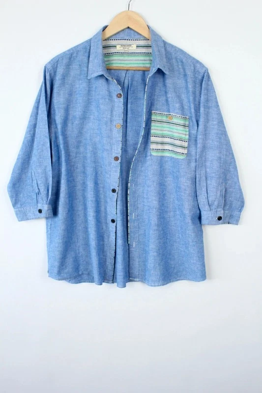Vintage Blue Linen Shirt 3/4 Sleeve Contrast Pocket | XL