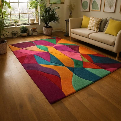 Tapis moderne abstrait multicolore en laine touffeté à la main - motif géomét... - Photo 1/4
