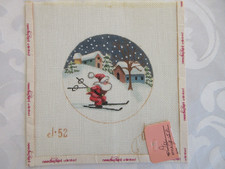 Hand Painted Needlepoint Canvas Dee -52, CHRISMAS SKIING SANTA, 4.5" ROUND J-52