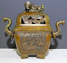 Antique Chinese Bronze Censer Box w Foo Dog Signed on Base