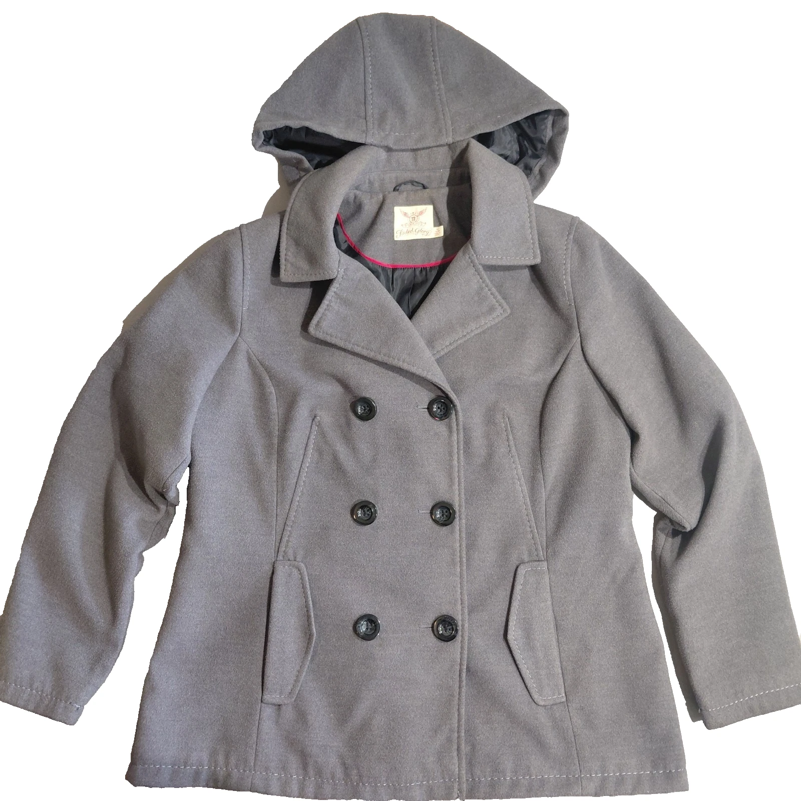 Faded Glory Girls XL/XG Charcoal Gray Hooded Pea Coat Lined Winter Jacket