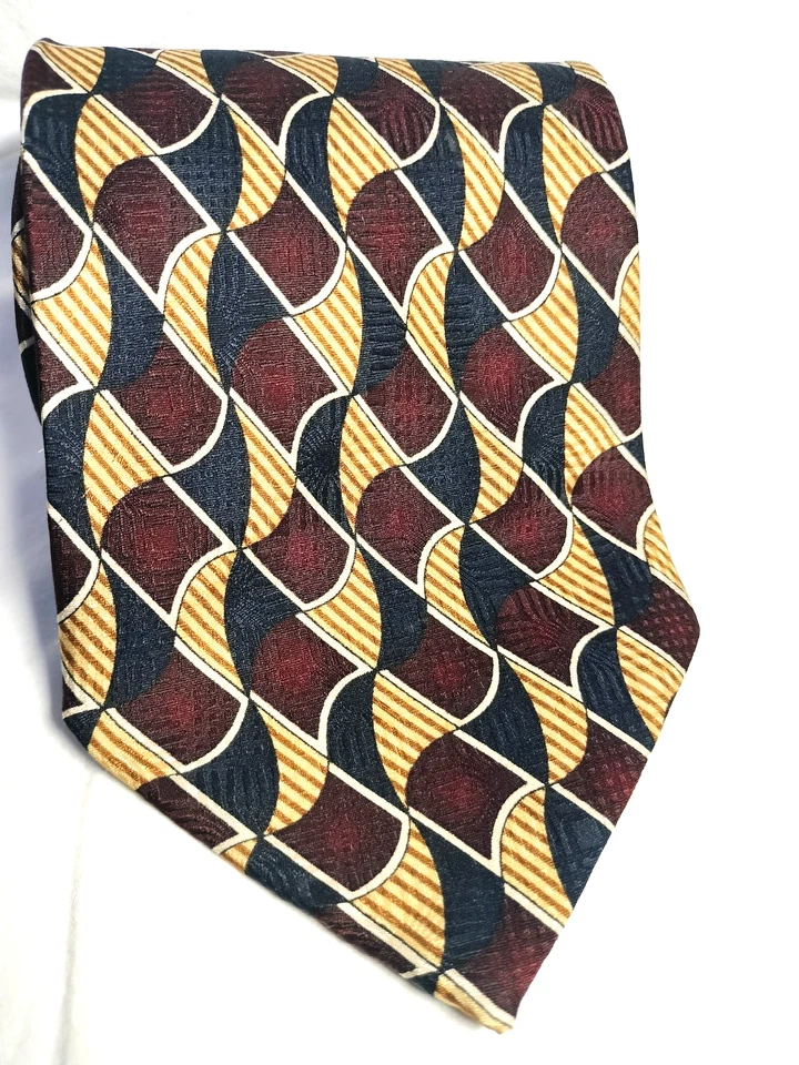 Corbata geométrica Louis Roth 100 % seda oro borgoña hecha a mano en Corea  Foto 3 de 4