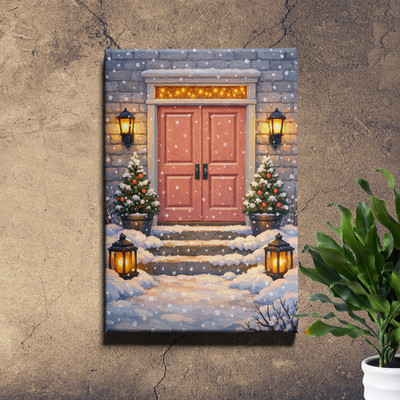 Cozy Winter Scene Doorstep Art Unframed Canvas Print Hygge Boho Christmas