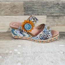 Spring Step L' Artiste Womens Evesgarden Wedge Sandals Sz 9 Blue Multi Slip-On