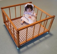 Vintage 50's Strombecker Wooden Play Pen With '90's GI-GO Crying 8" Girl Doll