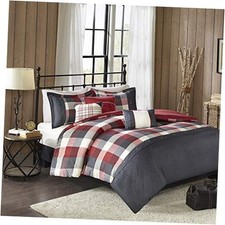 Ridge Comforter Set - Cabin Lodge Plaid Herringbone Queen 90 in x 90 in Red