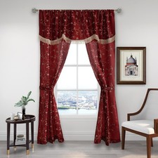 Christmas Floral Sheer Curtain Panel Set with Attached Valance Botanical Embr...