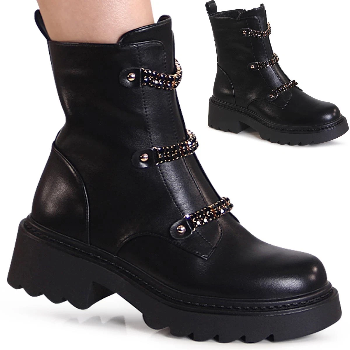 Stiefeletten Biker Stiefel Nieten Boots Gefüttert Herbstschuhe Damen NEU ST107 E