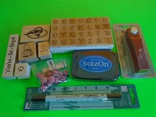 Lot of rubber stamp alphabets, pet, saying, ribbon punch Staz On solvent ink Pad