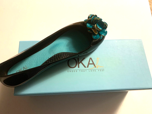 OKA-b PRISCILLA Shoes Black Ballet Flats Turquoise Flower Rubber Jelly Size 7 - Picture 2 of 7